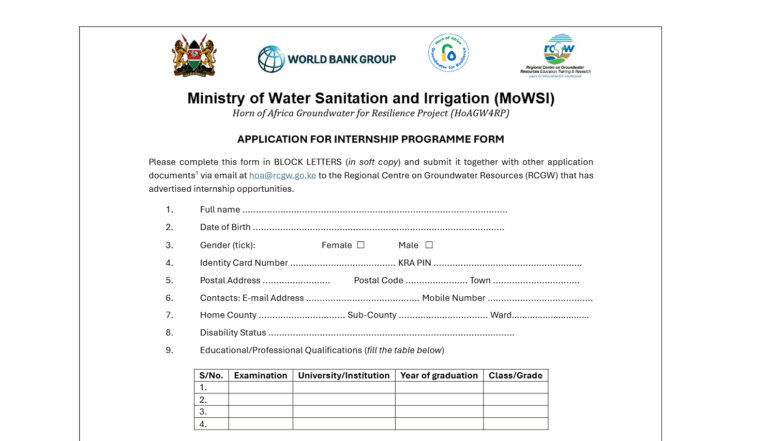 Ministry of Water HoAGW4RP Internship 2025/2026 Application Form Portal