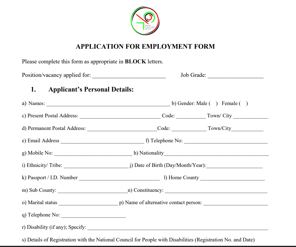 Screenshot of KECOBO Jobs Application Form PDF