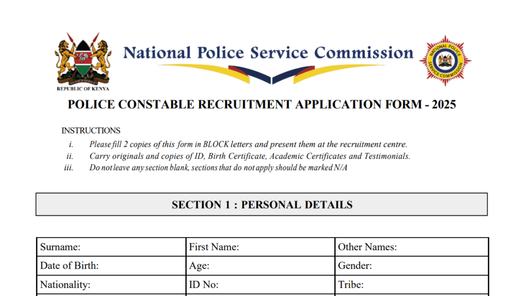 Application Form for Kenya Police Recruitment 2025 PDF (10,000 Constables)