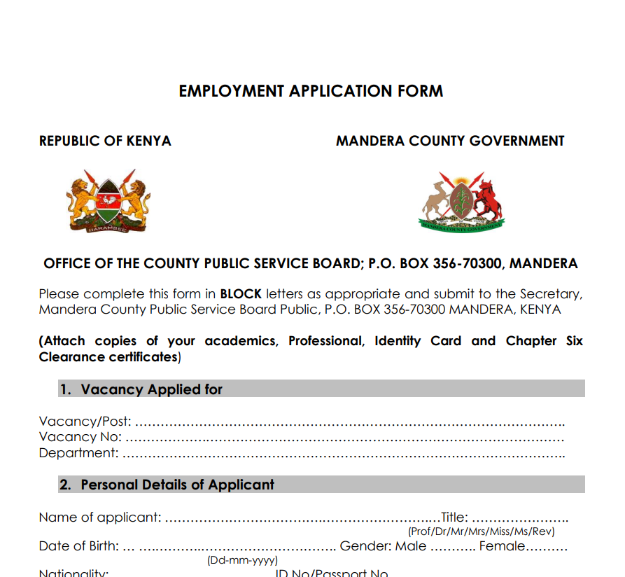 Mandera County Jobs Application Form 2025
