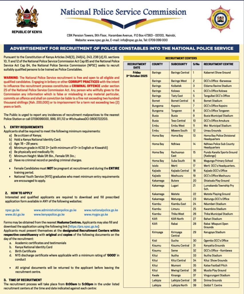 Kenya Police Recruitment 2025 Dates and Centres PDF Download