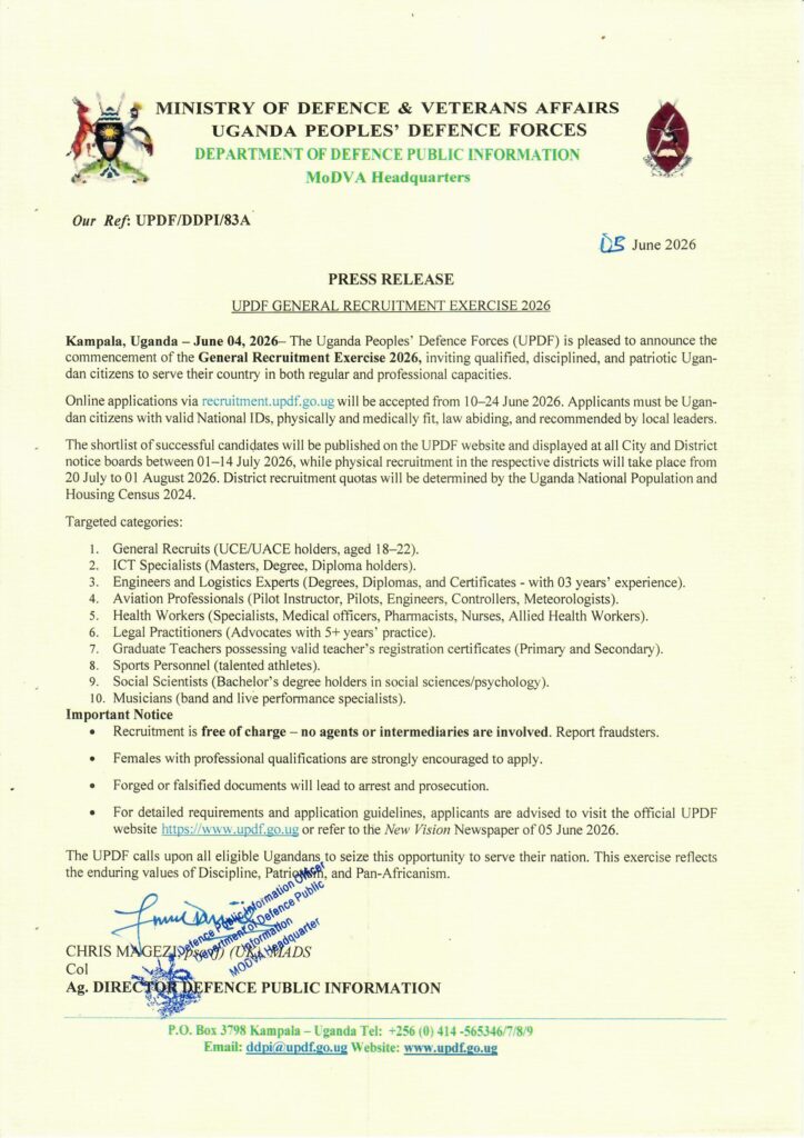 UPDF Physical Recruitment Date and Centers 2026