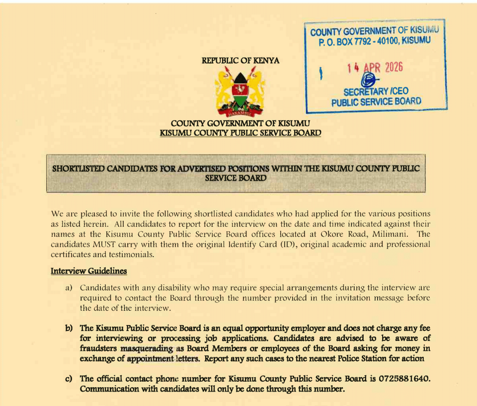 Kisumu County Shortlisted Candidates 2026/2027 PDF Download