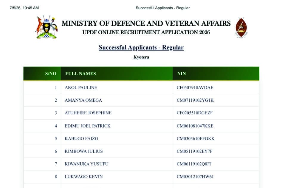 UPDF Shortlisted Candidates 2026/2027 Result, PDF Download